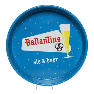 Vintage High Gloss Blue Enameled Metal Double-Sided Ballantine Beer Tray For Sale