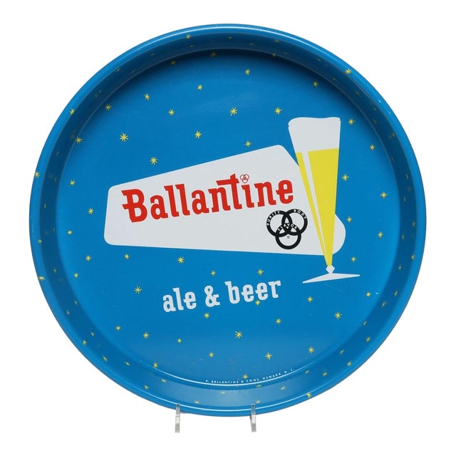 Vintage High Gloss Blue Enameled Metal Double-Sided Ballantine Beer Tray For Sale
