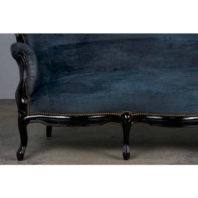 19th Century Napoleon III Ebonized Settee W/ Blue Velvet For Sale In New York - Image 6 of 12