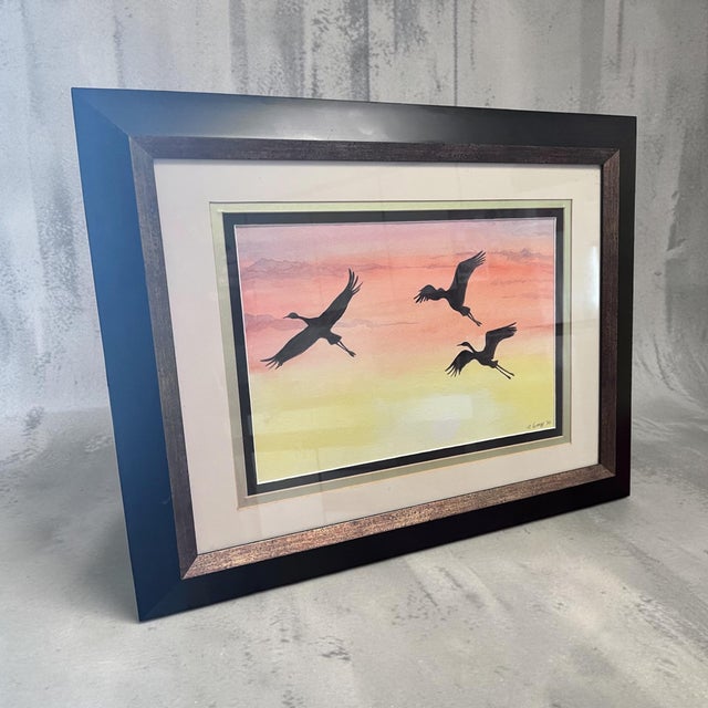 Paint Original Signed Ilse Wolff Watercolor “Riverbend Cranes” – 2010 Framed Nature Painting For Sale - Image 7 of 11