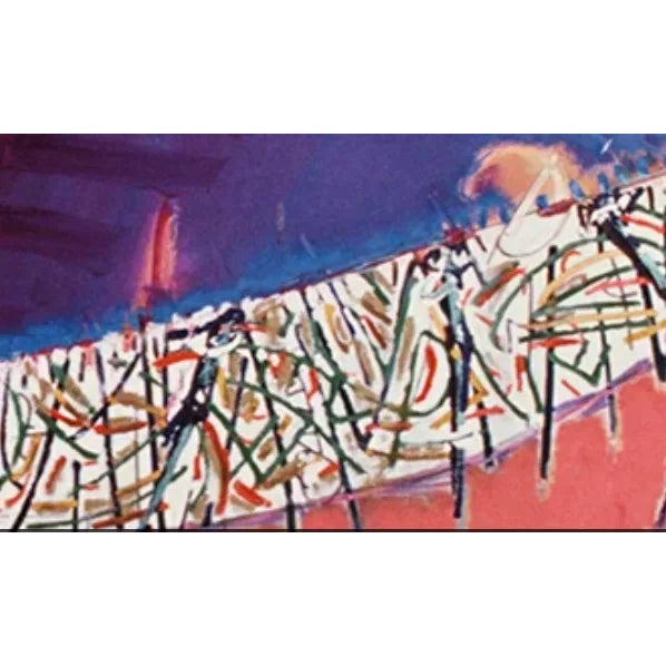 1980s "Tables and Bridges", 1984. Mixed Media on Canvas by Joe Ginsberg. Contemporary, Figurative Landscape. Field of Blue, Primary Colors. For Sale - Image 5 of 6