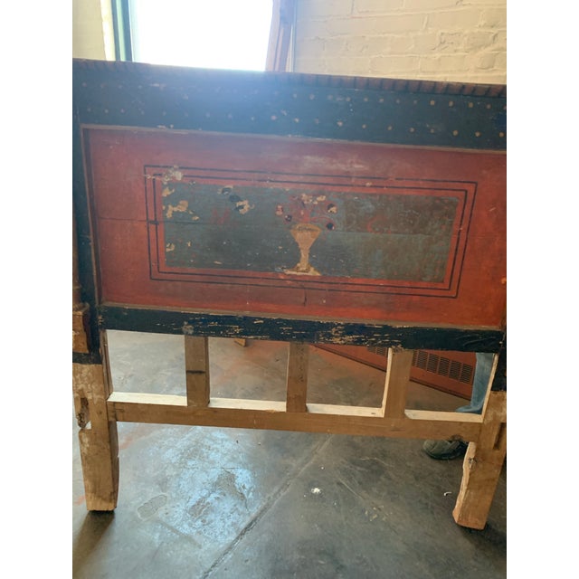 Incredible antique handcarved and hand painted wooden bed - headboard,foot and slats. Amazing colors. Swan details on the...