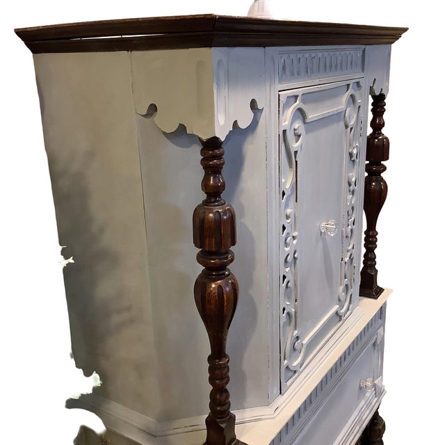 Vintage China Cabinet Painted Gray W Natural Dark Wood Carvings Interior Storage Scandinavian Design For Sale - Image 4 of 12