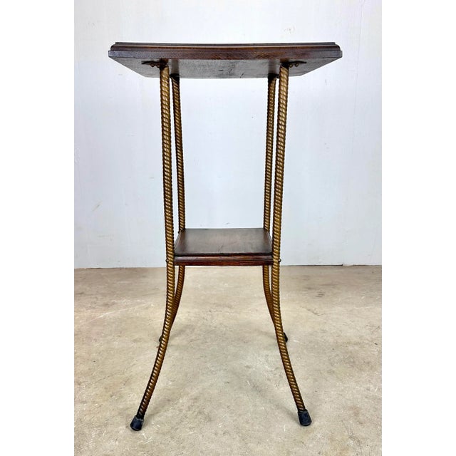 Antique Arts & Crafts Oak and Gilt Metal Two-Tier Plant Stand For Sale In New York - Image 6 of 10