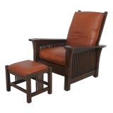 Stickley Mission Oak and Leather Morris Chair With Ottoman For Sale