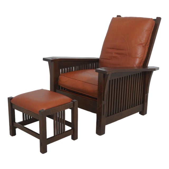 Stickley Mission Oak and Leather Morris Chair With Ottoman For Sale
