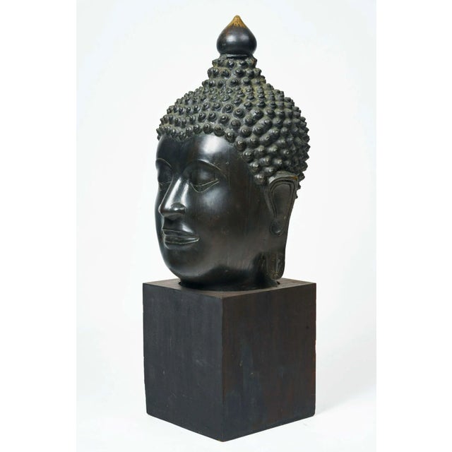 Large Bronze Buddha head displayed on a wood stand, Circa late 19th Century. Thai Ayutthai U-Thong A style buddha head...