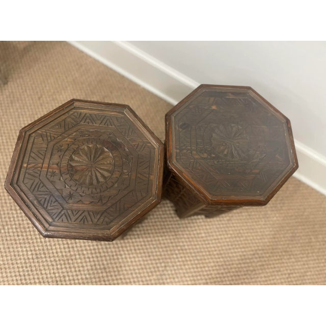 Coffee Octagon Moroccan Carved Wooden Side Tables- Pair WithGlass For Sale - Image 8 of 12