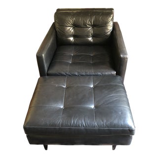 Crate & Barrel Petrie Black Leather Chair and Ottoman For Sale