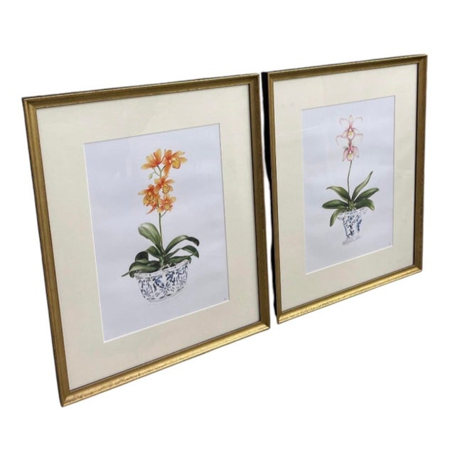 Pair of Vintage Framed Chinoiserie Orchid Botanical Prints – Orange & Pink Floral Art For Sale - Image 4 of 12