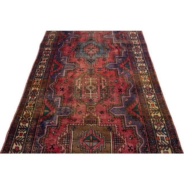 1960s Long Wool Runner Heriz in Red With Tribal Motif For Sale - Image 5 of 9