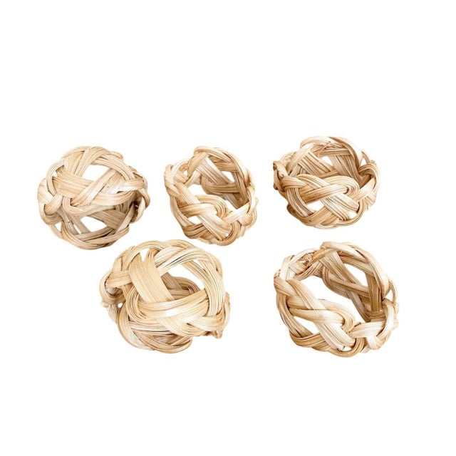 Nautical Vintage Woven Knot Bamboo Rattan Napkin Rings, Set of 5 For Sale - Image 3 of 4
