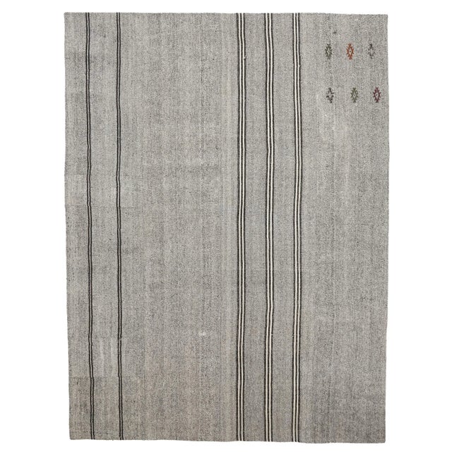 Textile Mid 20th Century Gray Striped Large Vintage Kilim Rug For Sale - Image 7 of 7