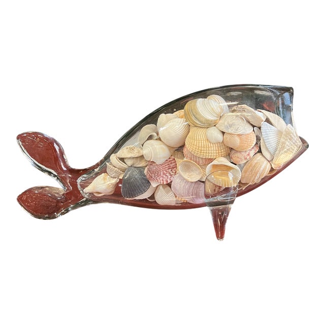 1970s Blenko Style Hand Blown Glass Fish Bowl With Shells For Sale