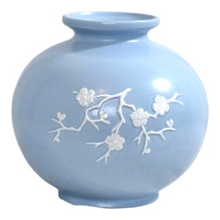 Vintage Copeland Spode England Blue Vase With White Floral Relief For Sale