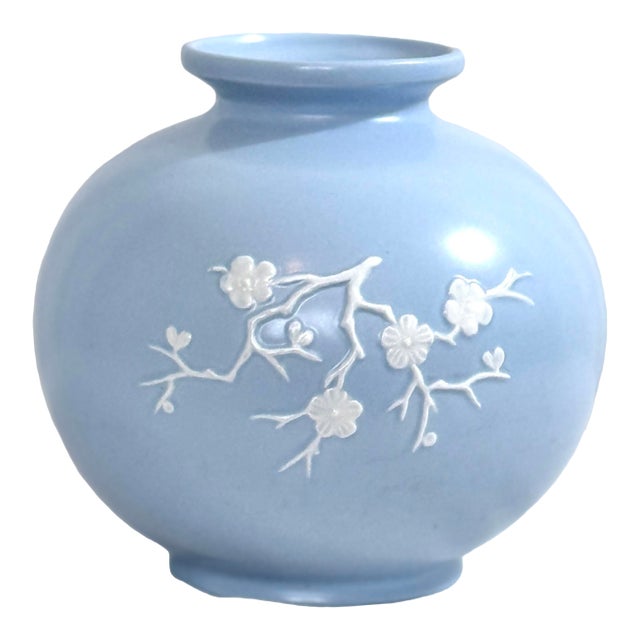 Vintage Copeland Spode England Blue Vase With White Floral Relief For Sale