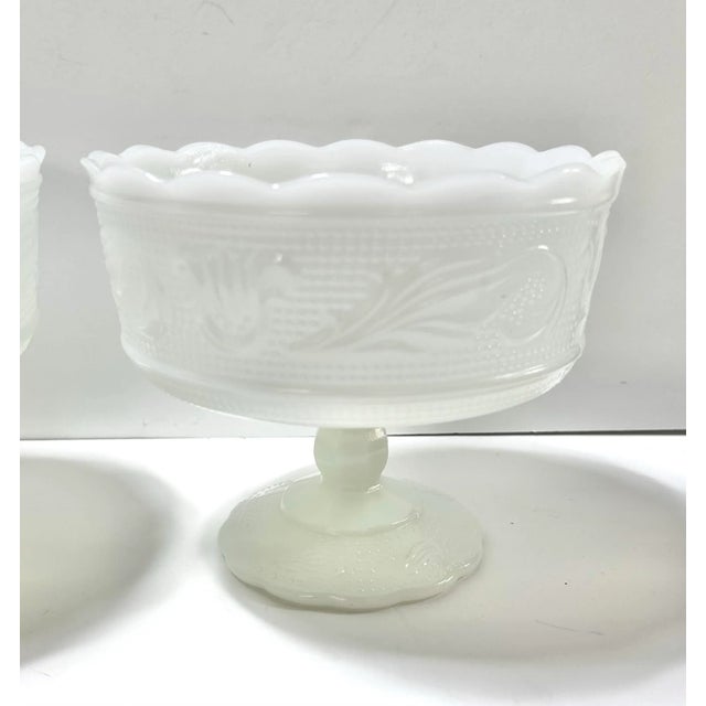 English Pair of e.o. Brody Milk Glass Pedestal Compotes – Vintage American Fruit Bowls For Sale - Image 3 of 8