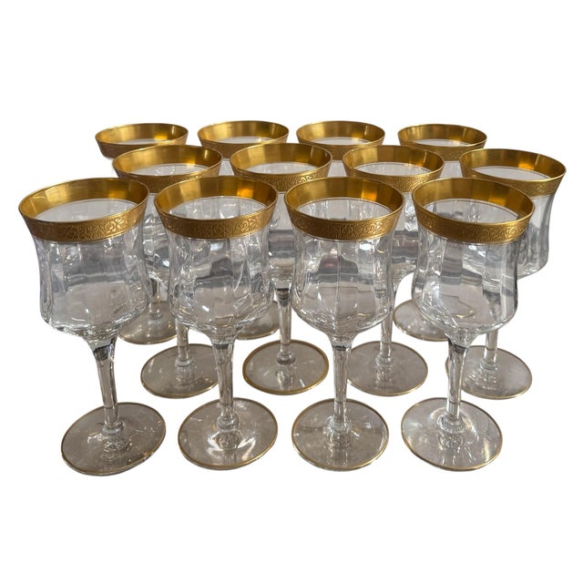 Art Deco Set of 12 Art Deco Gold Encrusted Rim Crystal Wine Stems Goblets For Sale - Image 3 of 6