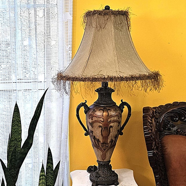 Pair of Vintage Neoclassical Urn Table Lamps With Decorative Fringe Shades For Sale - Image 12 of 18