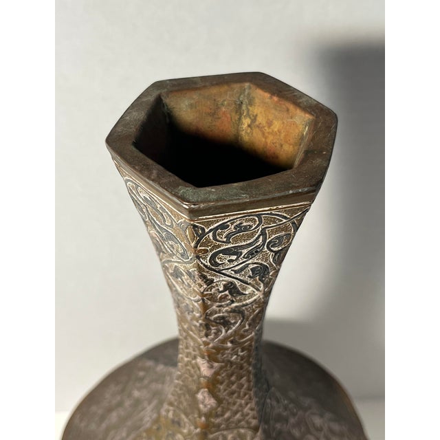 19th Century Ottoman Empire Mamluk Revival Copper With Silver Inlay Vase 15.5"h For Sale In Los Angeles - Image 6 of 9