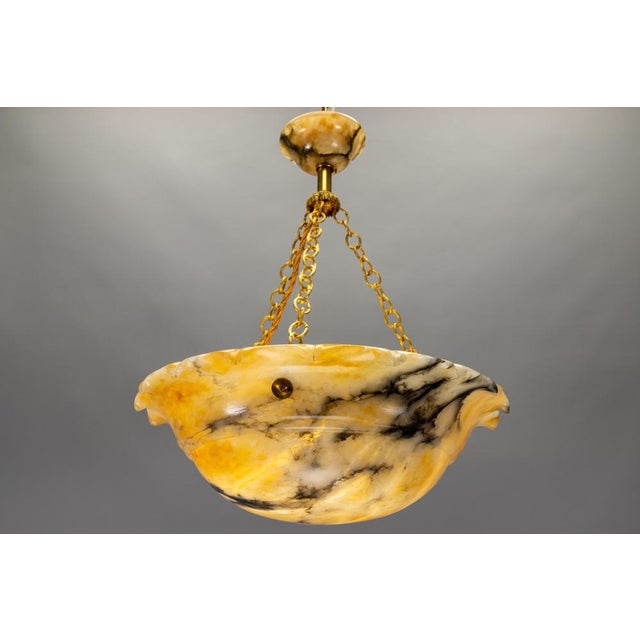 French Art Deco Yellow Alabaster Pendant with Dark Veining & Brass, 1920s For Sale - Image 13 of 18