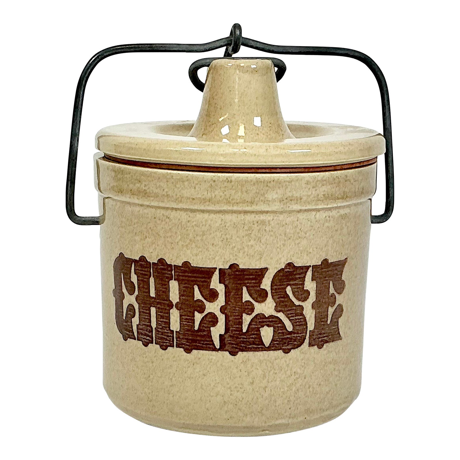 Mid-Century Boho Chic Farmhouse Cheese Crock With Wire Lid Lock | Chairish