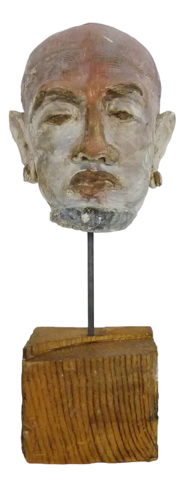 Face Sculpture in Polychrome Clay and Plaster by Ph Monaux, Ariège