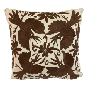 Crewel Work Hand Embroidered Brown Birds Toss Pillow -2