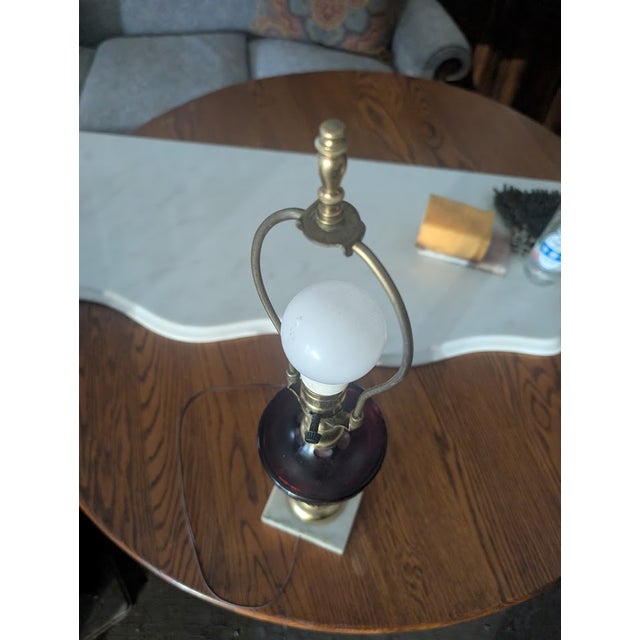 Early 20th Century Vintage Ruby Cut-to-Clear Glass Table Lamp on Brass & Marble Base For Sale - Image 5 of 7