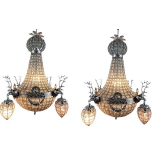 French Rococo Chandelier Decorated With Deerhead in Silver Frame - a Pair For Sale