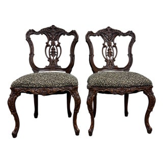 Antique Late 1800s French Rococo Revival Carved Walnut Side Chairs - Pair For Sale