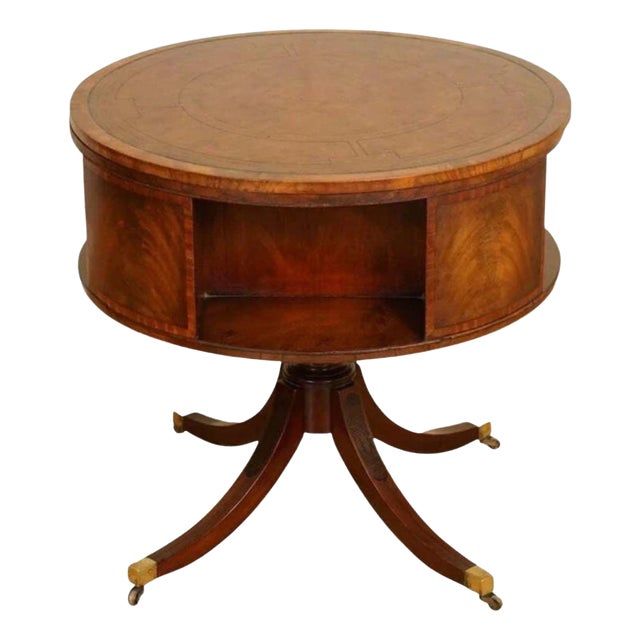Regency Style Revolving Bookcase Drum Table in Hand Dyed Whiskey Brown, 1940s For Sale