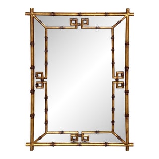 Italian Hollywood Regency Gilt Metal Faux Bamboo Greek Key Mirror For Sale