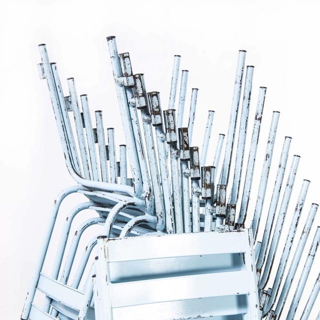 French Sky Blue Metal Stacking Outdoor Chairs from Tolix, 1950s, Set of 6 For Sale - Image 3 of 9