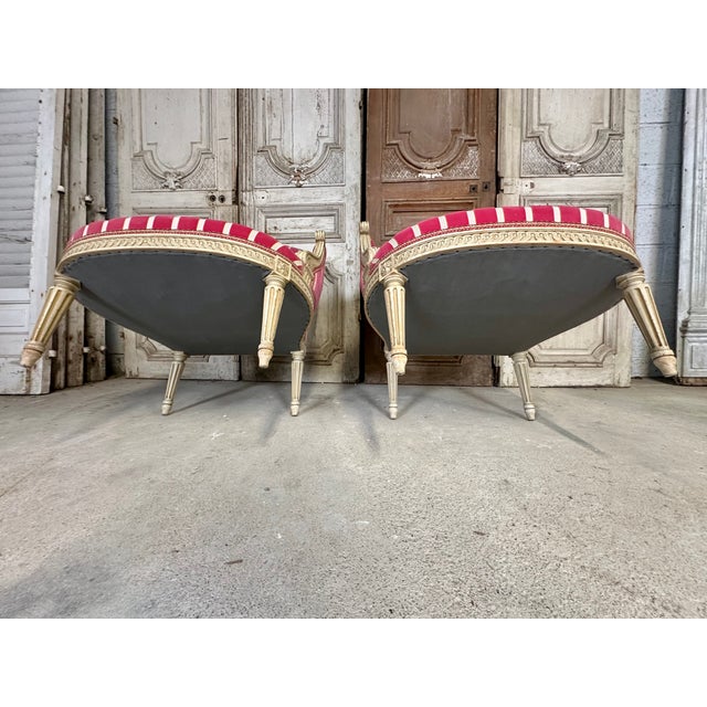 Pair of louis xvi style armchairs, circa 1900. The lacquered wood is a gray-green color. Features interlacing motifs,...
