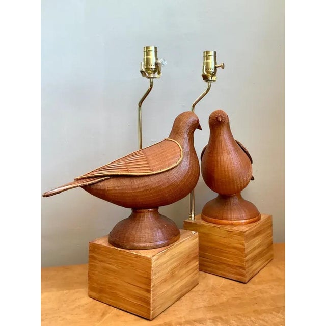This charming pair of vintage lovebird lamps showcases the distinctive craftsmanship of Shanghai Weave, each bird's plump,...