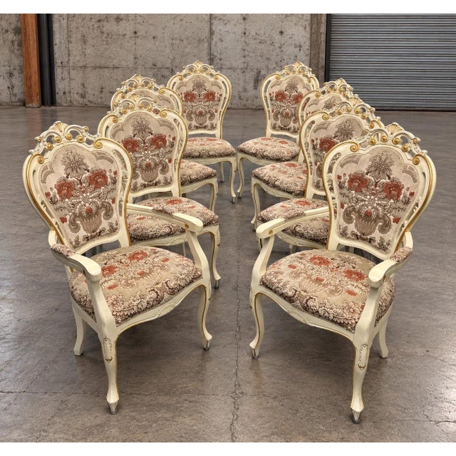 French 1980s Vintage French Style Floral Upholstered Wood & Chenille Dining Chairs - Set of 8 For Sale - Image 3 of 12