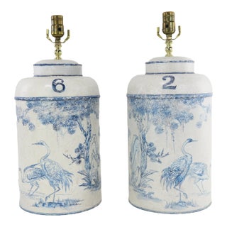 A Pair of Vintage Exported English Hand-Painted Blue and White Chinoiserie Metal Tea Caddy Table Lamps For Sale