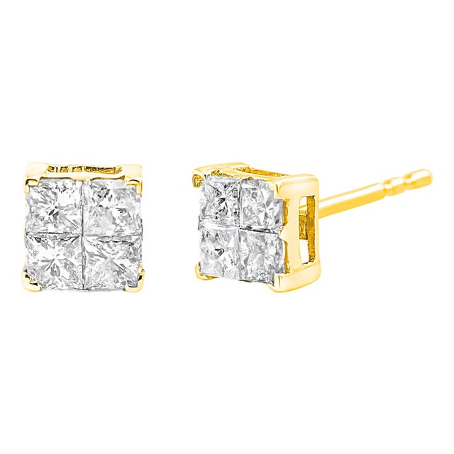 10K Yellow Gold Plated .925 Sterling Silver 1.0 Cttw Princess-Cut Diamond Composite Multi Stone Stud Earrings, A Pair For Sale