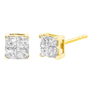 10K Yellow Gold Plated .925 Sterling Silver 1.0 Cttw Princess-Cut Diamond Composite Multi Stone Stud Earrings (J-K Color, SI2-I1 Clarity) For Sale