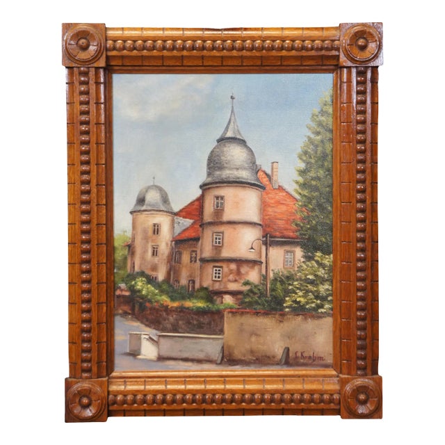 Vintage I. Krohm Schloss Euerburg German Castle Oil Painting on Canvas 21" For Sale