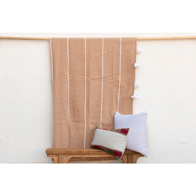 Textile Desert Sand Striped Moroccan Pom Pom Blanket For Sale - Image 7 of 7
