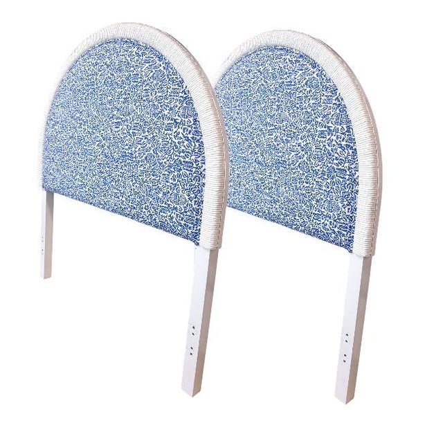 Mid-Century Modern Pair of Arch-Top Woven Rattan Headboards Upholstered in Schumacher Fabric For Sale - Image 3 of 6