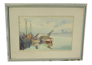 Early 20th Century Seascape Harbor Scene Watercolor by Listed Artist Glenn Pierce