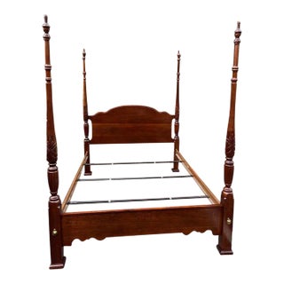 Vintage Solid Cherry Rice Carved Four Poster Queen Bed Frame. High Quality For Sale