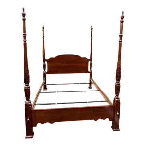 Vintage Solid Cherry Rice Carved Four Poster Queen Bed Frame. High Quality
