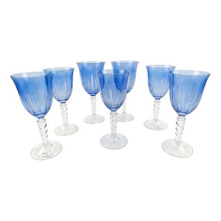 Vintage Blue Crystal Wine Glasses, 1970s, Set of 7 For Sale