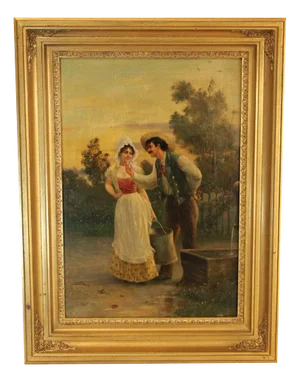 J. Montreu, Scene at the Fountain, 19th Century, Oil on Wood, Framed