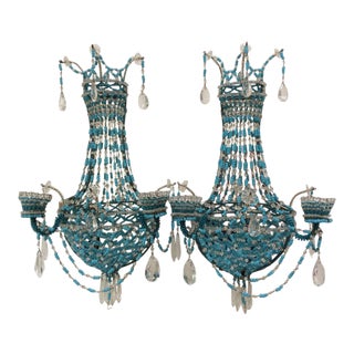 Stunning Fine Blue Beaded Sconces - A Pair For Sale