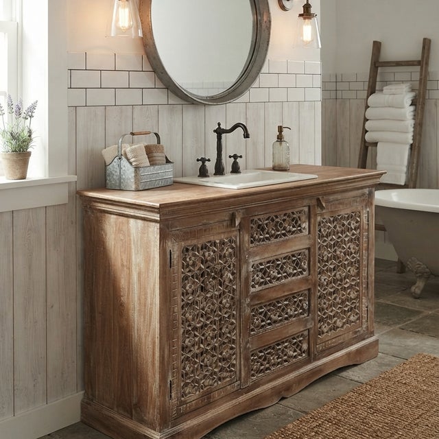 1920s Natural Whitewash Carved Sideboard Buffet Dresser Boho Credenza Chest For Sale - Image 4 of 4